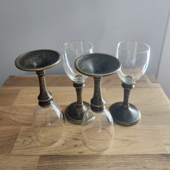 Set of 4 Clear glass solid brass stem wine glasses, Vintage barware - Picture 6 of 8